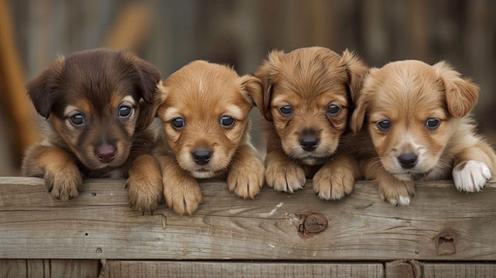 Four cute brown puppies at the fence